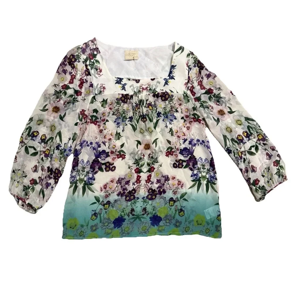 Vanessa Virginia Anthropologie Top Sz M Medium 8 Green Silk Blouse Floral Ombre